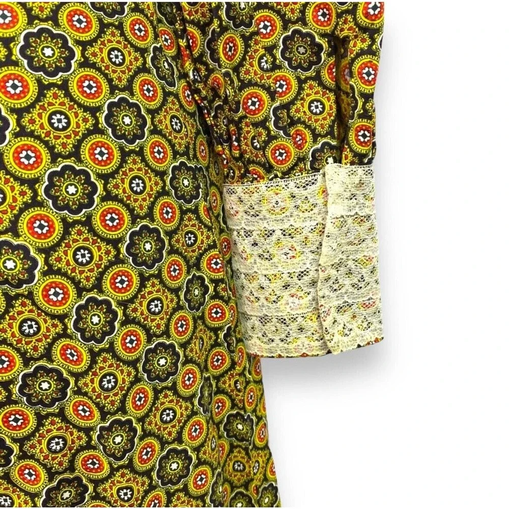 Vintage 60s Handmade Mandala Print Maxi Dress Long Sleeve Gown Lace Trim Hippie